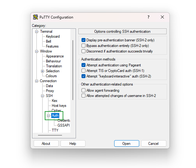 Sección Auth en PuTTY