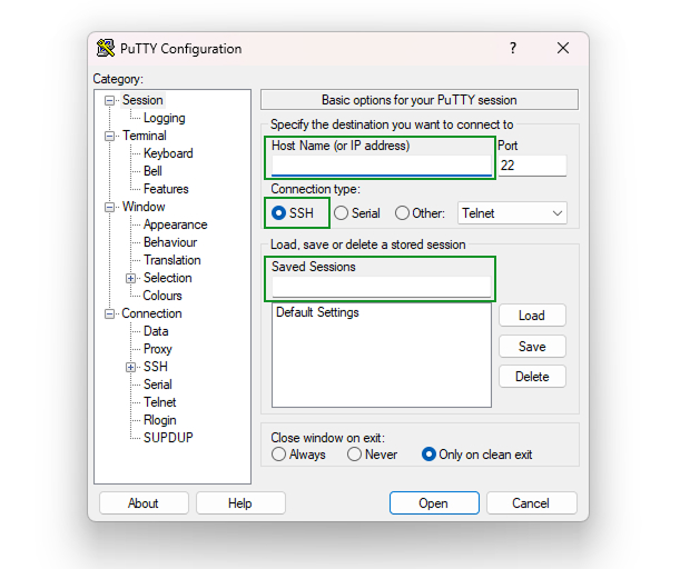 Configuración PuTTY